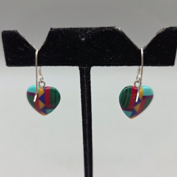 Sterling Silver Stone Inlay Heart Shape Dangle Earrings Turquoise Malachite - Picture 4 of 4